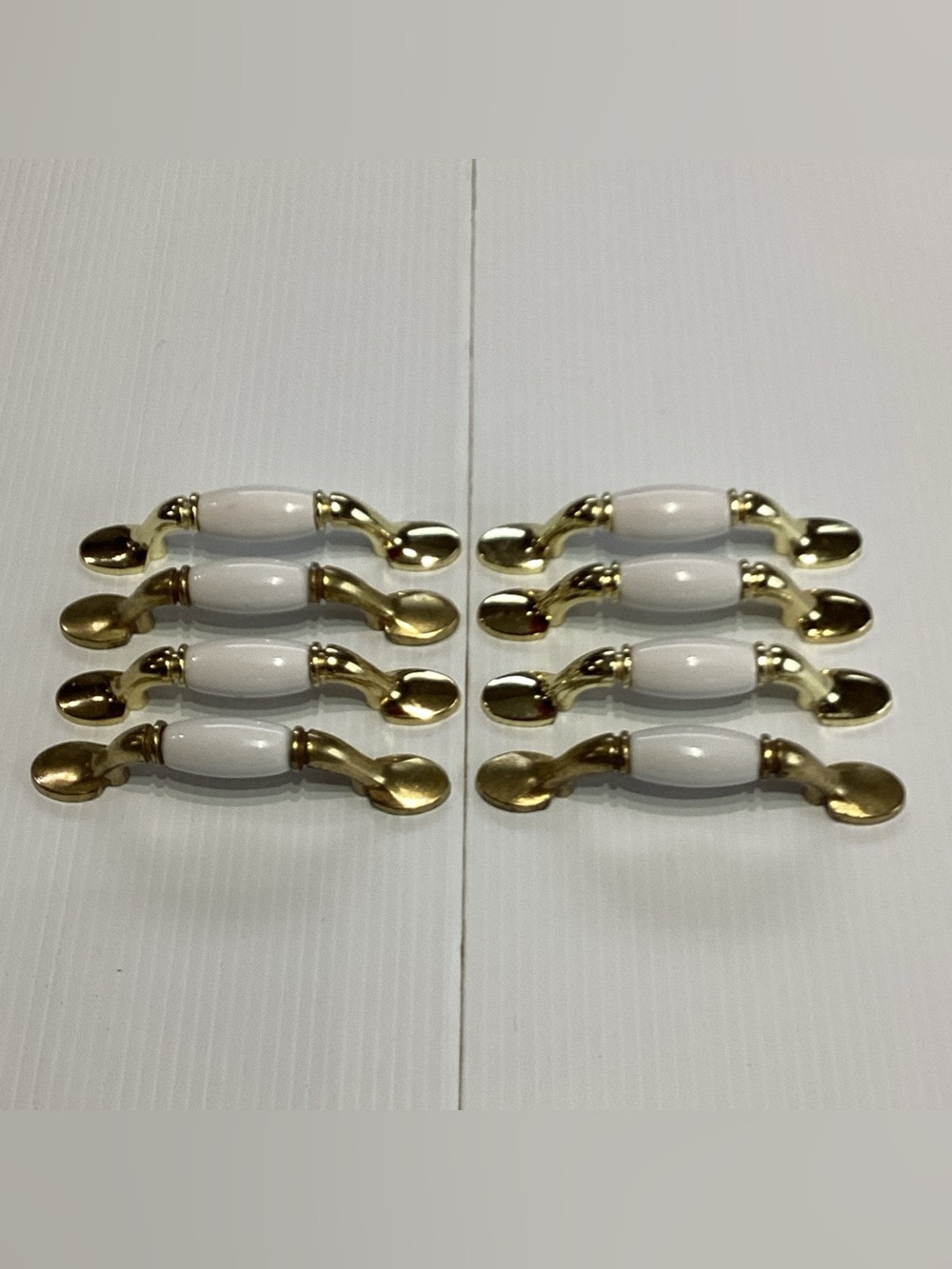 8 X Ceramic Vtg Brass Porcelain Drawer Pulls Handles White 5" L X 7/8” H 3”C